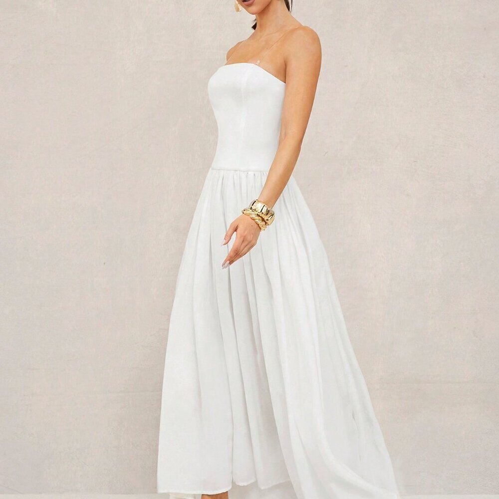 White Boho Women's Beach Vacation Long Dress With Bandeau Top - Picture 5 of 7